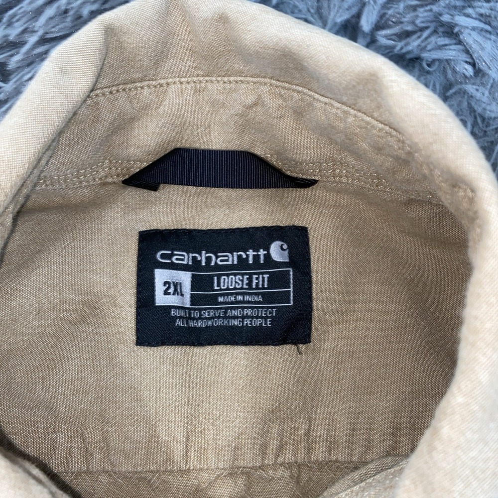 Carhartt Short Sleeve Button Down Shirt Men's 2XL Tan Brown Chambray Loose Fit - Picture 7 of 8